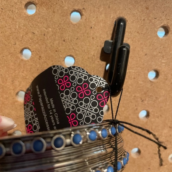 Silver strand cuff with tiny matte blue bead accents. - Picture 4 of 4